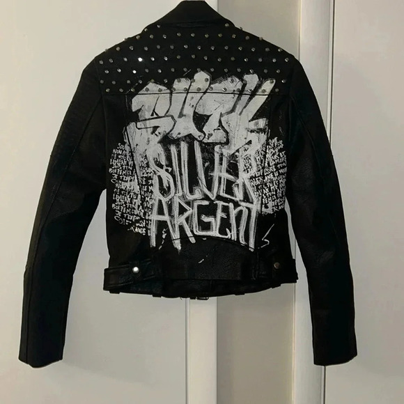 Zara graffiti leather studded biker jacket size XS - Picture 3 of 8